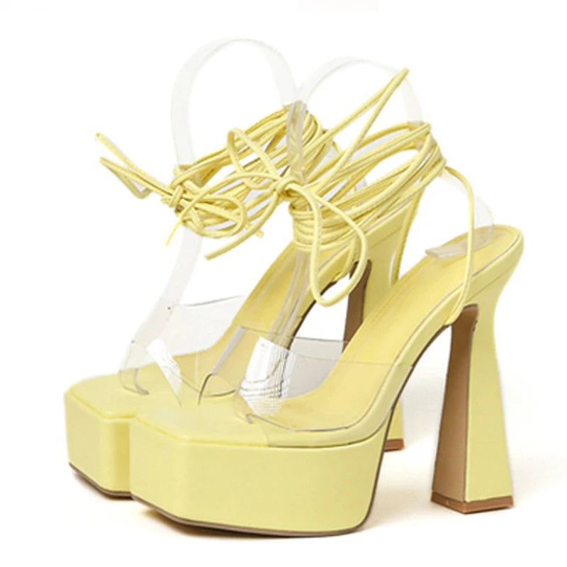 PVC Transparent Lace-Up Ankle Strap Sandals Women Open Toe High Heels 15CM