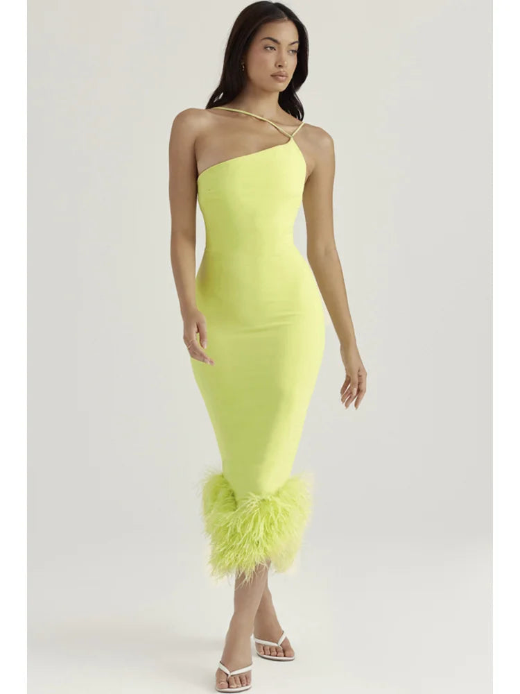 Feather Strap Backless Midi Dress