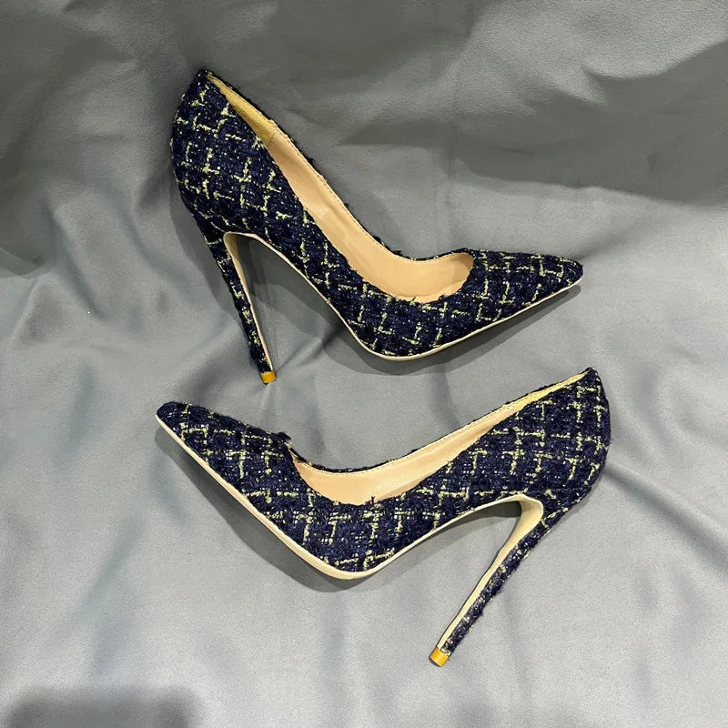 Navy Blue Plaid Pointy Toe High Heel Stiletto Pumps for Women