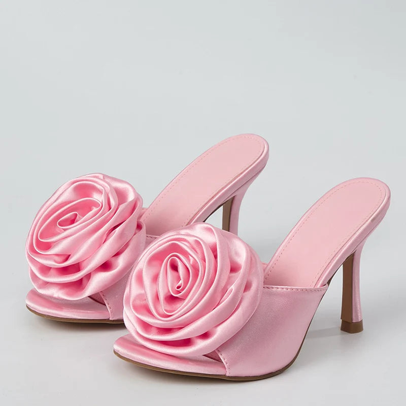 Women's Pink Flowers Design Thin High Heel Slippers