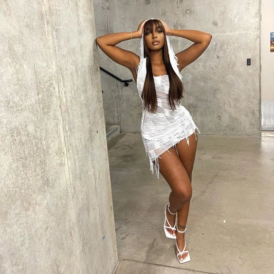 Tassel Hooded Slim Solid Mini Dress
