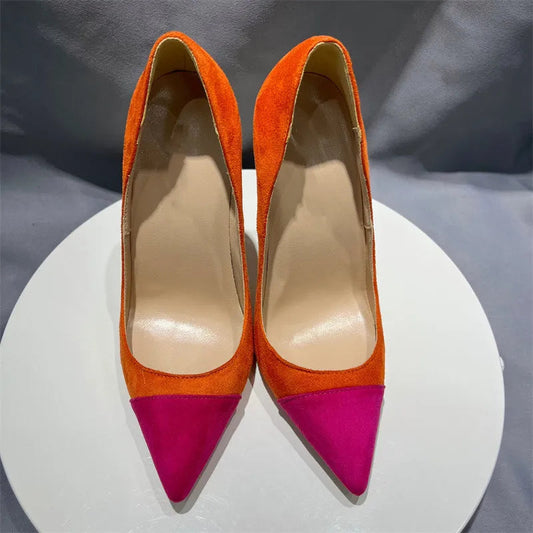 Orange Purple Patchwork Women Flock Pointy Toe High Heel Shoes