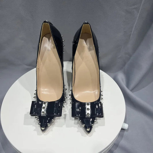 Black Spikes Bow Pointy Toe High Heel Shoes
