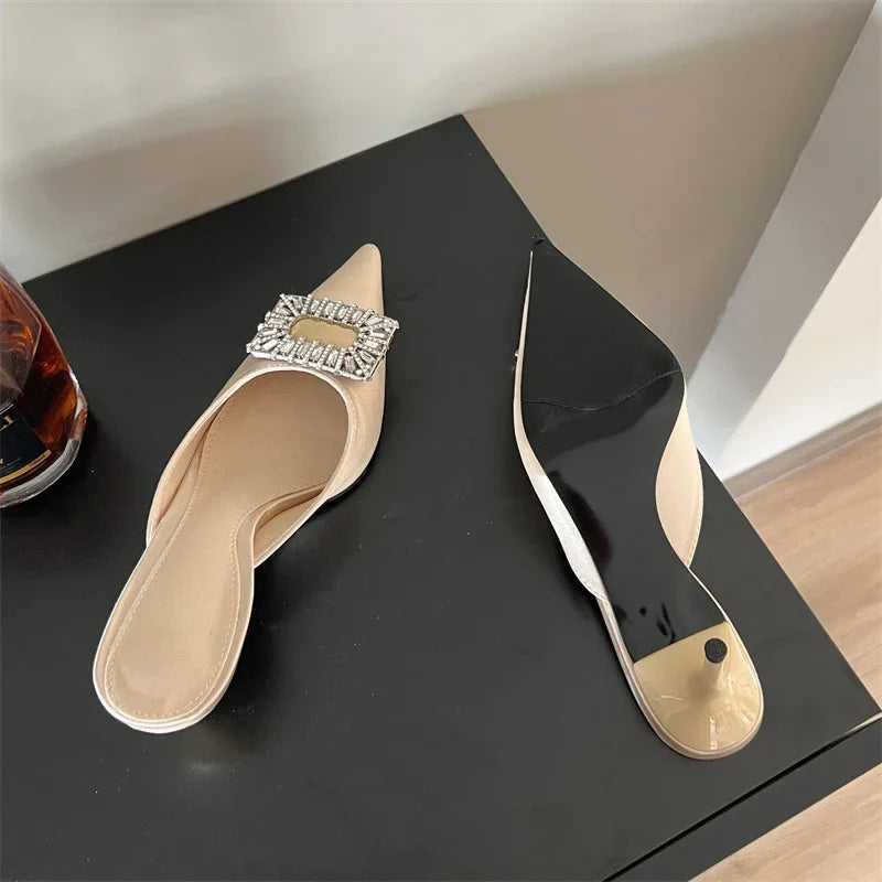 Crystal Buckle Pointed Toe Thin Heel Slippers for Women - Fashionable Casual Party Mules