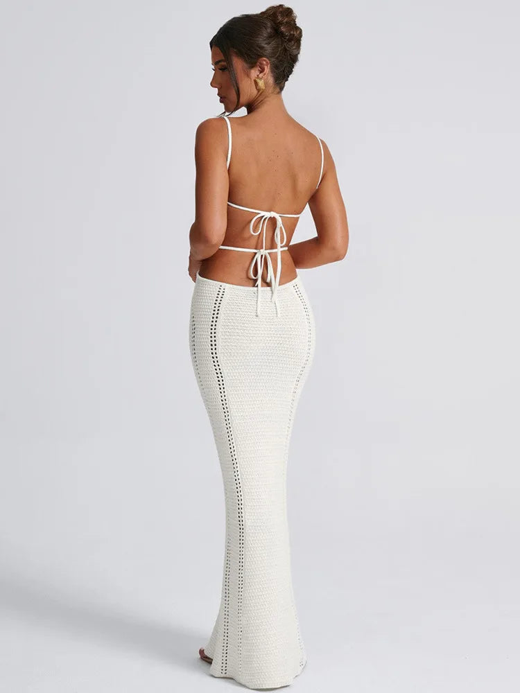 Hollow Knit Spaghetti White Bodycon Dress