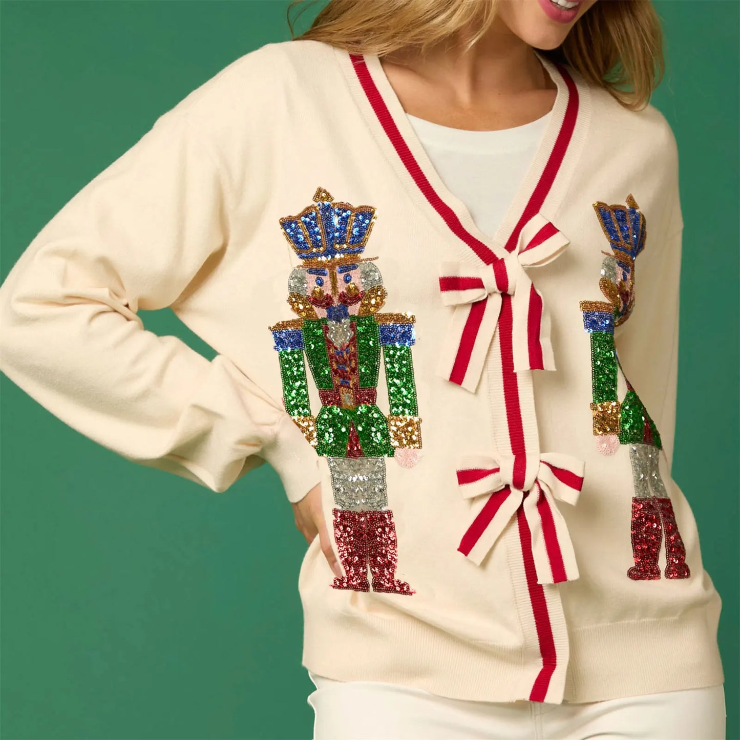 Glitter Sequined V-neck Bow Button Cardigan