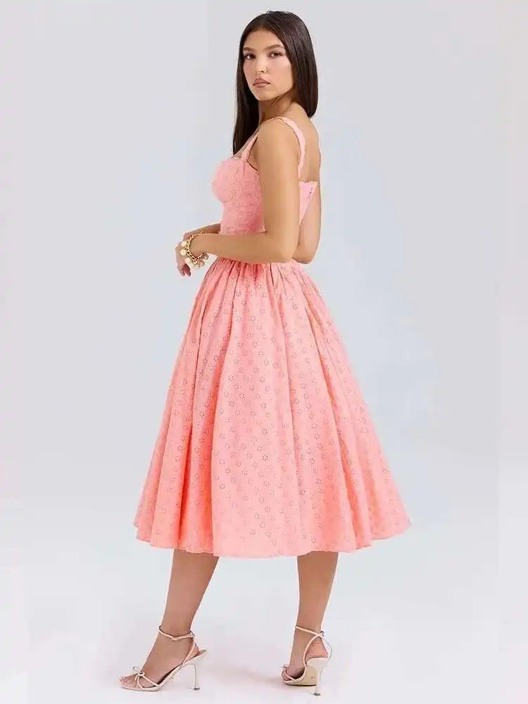 Embroidery Strap A-Line Midi Dress