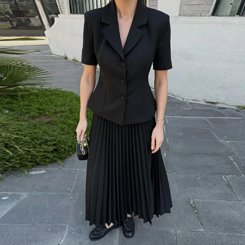 Button Lapel Pleated Skirt Coat