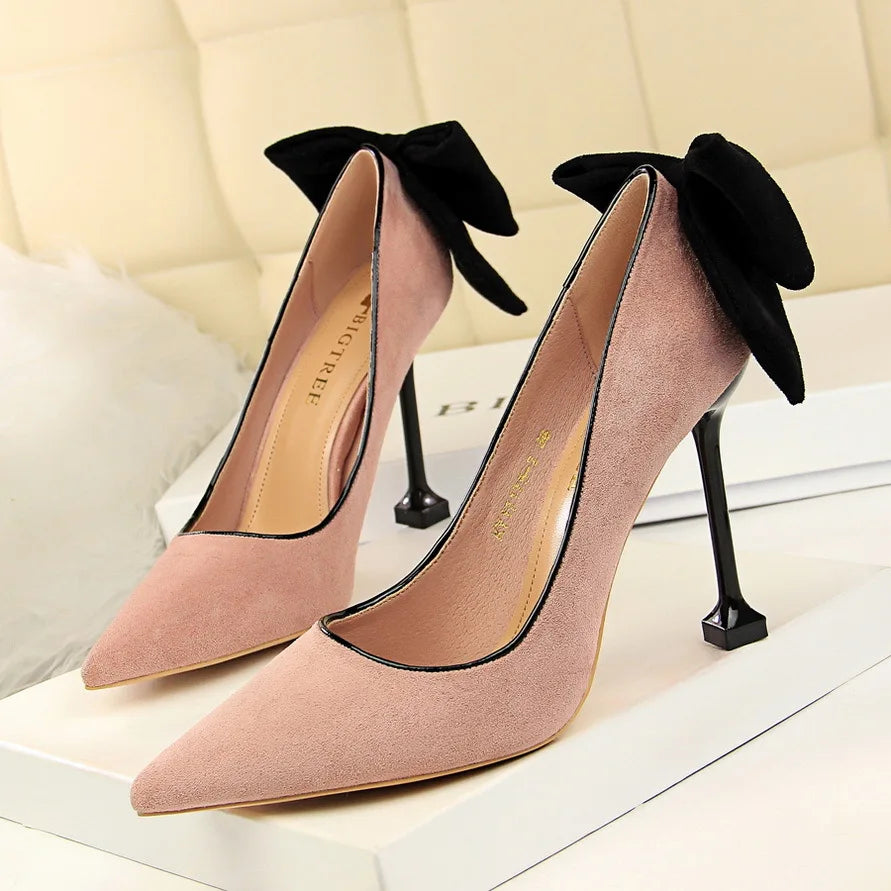 Bowknot Suede Female Kitten Heels Pumps - Spring New High-heels
