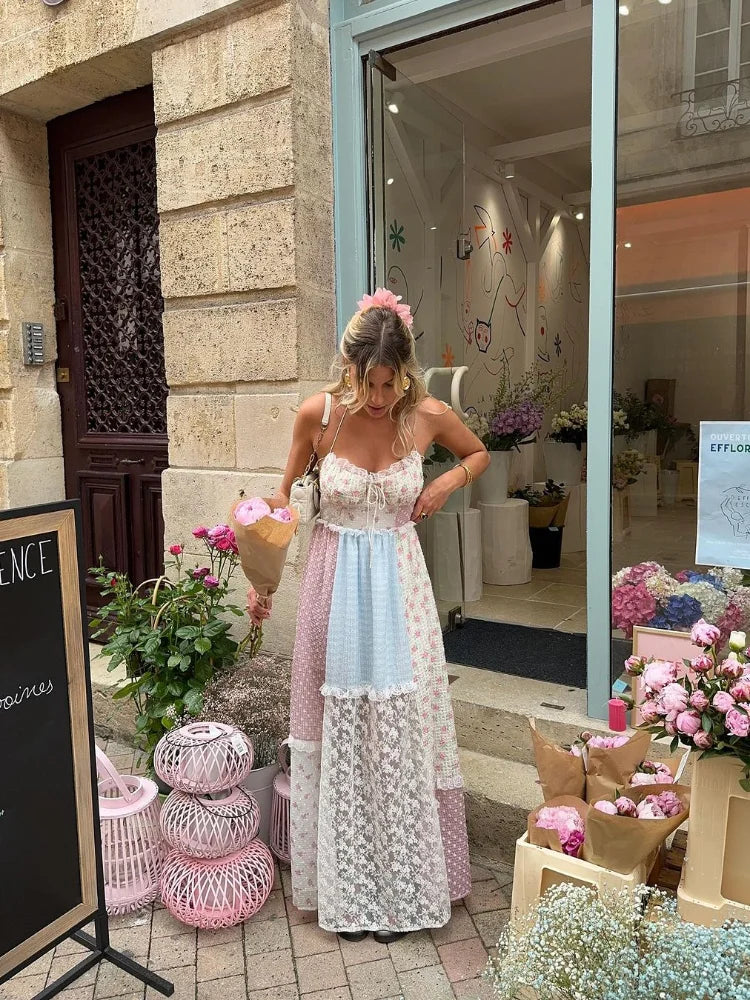 Halter Patchwork Floral Lace Panel Ribbon Tie Tiered Maxi Gown