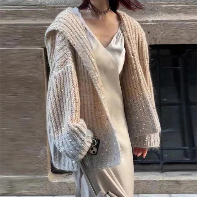 Hooded Sequin Oversized Knit Cardigan