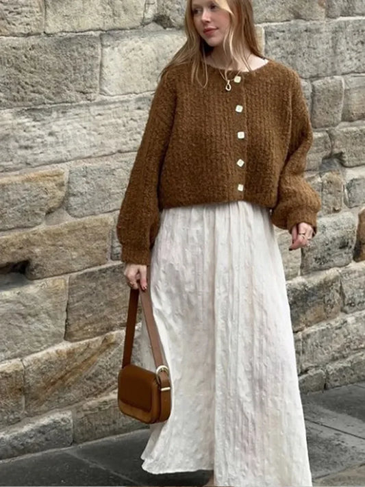 Women Brown Single Breasted Knitwear Fashion Women's O Neck Long Sleeves Loose Casual Sweater Casual New Lady Office Cardigan