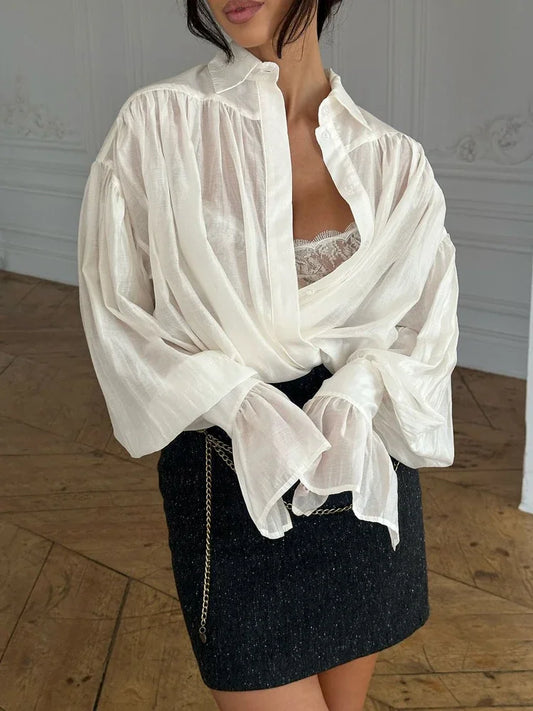 Loose See-Through Lapel Long Sleeve Blouse