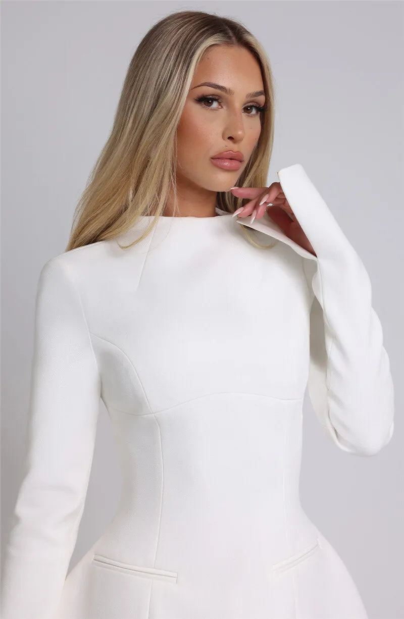 | White High Neck Long Sleeve Mini Dress