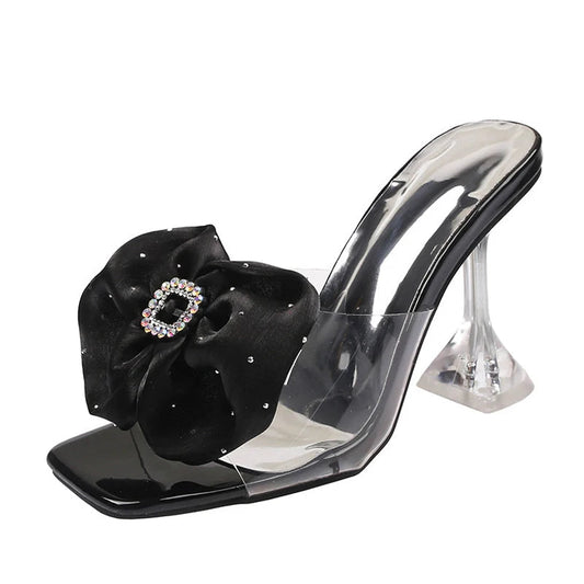 PVC Transparent High Heel Slippers with Rhinestone Buckle and Bowknot for Women