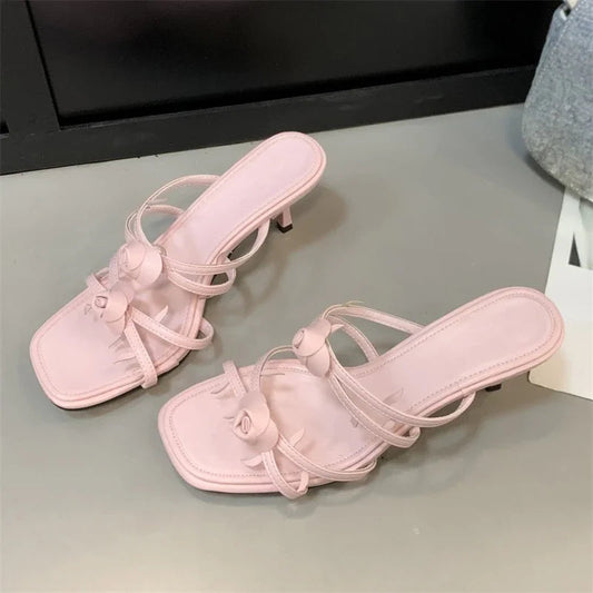 Satin Narrow Band Flower Slipper with Open Toe and Thin Heels