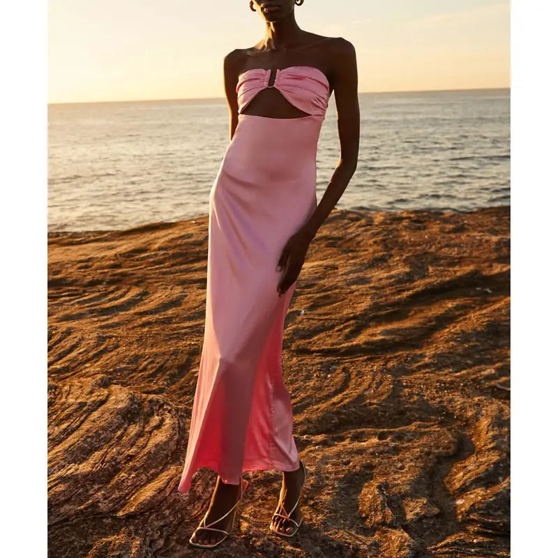 Hollow Out Bow Tube Strapless Vacation Dress