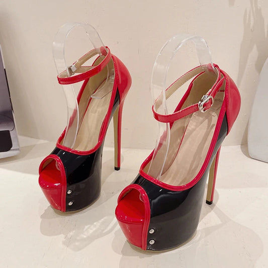 Black Red High Heels Women Sandal with Buckle Strap Platform Pumps