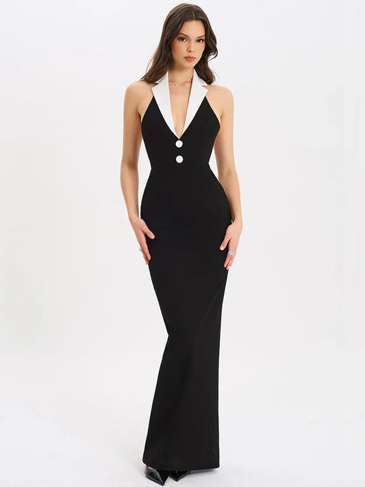 Color Block Notched Halter Maxi Dress