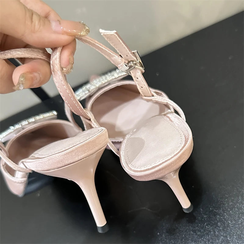 Thin High Heels Buckle Strap Women Pumps with Square Button Pointed Toe Mules