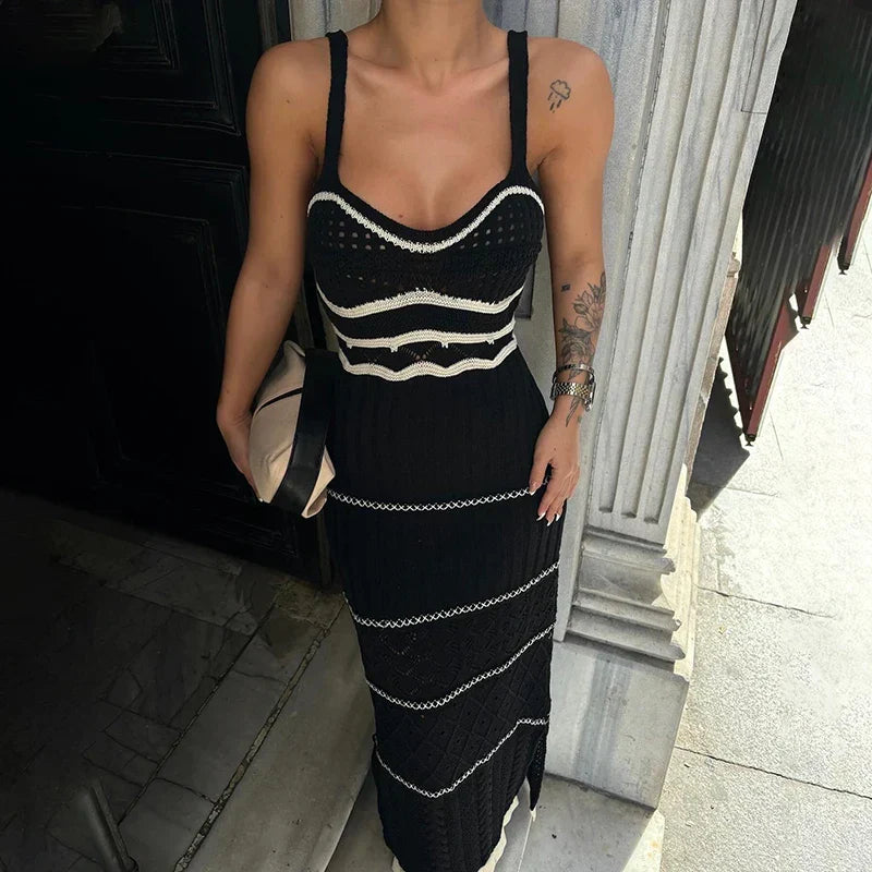 High Street U Neck Striped Knit Dresses Ladies Sexy Hollow Out Spaghetti Tank Long Dress Fashion Women Slit Bodycon Party Dress