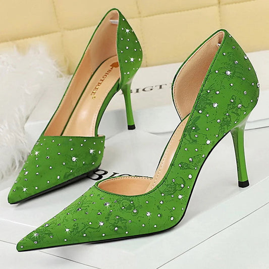 Rhinestone Kitten Heels Women 8 Cm Pumps Silk Satin High Heels