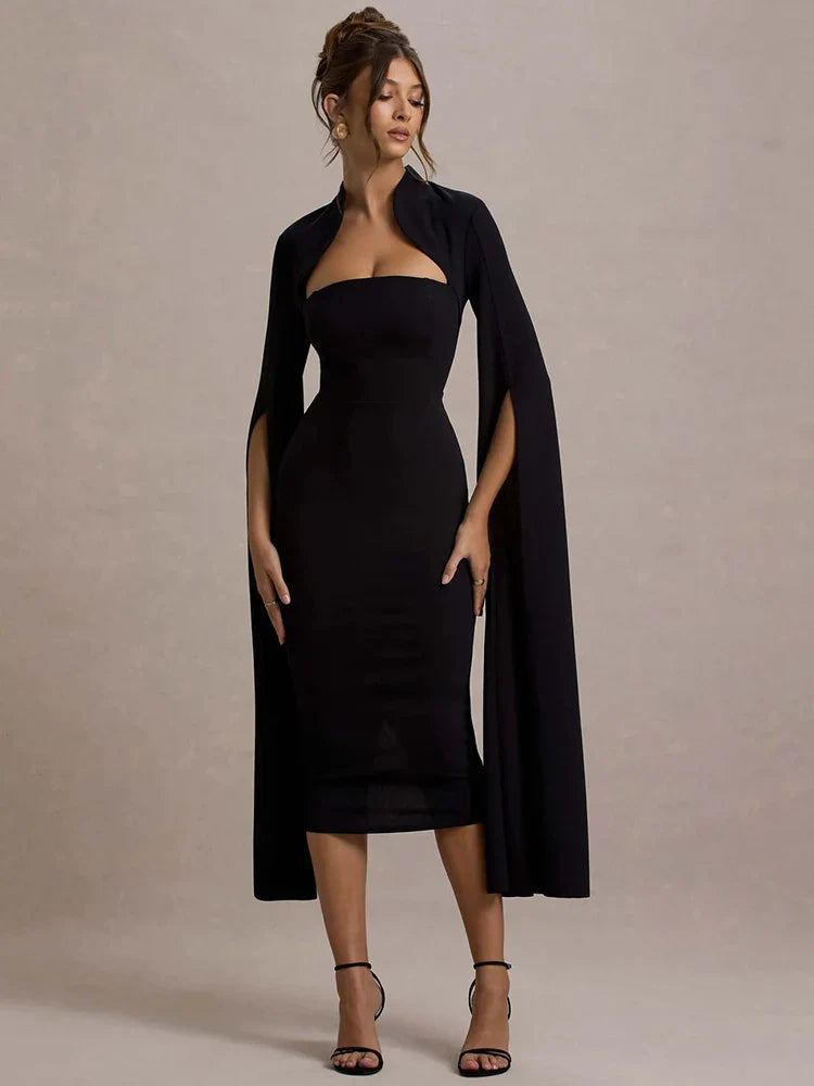 Cape Sleeve Slit Bodycon Midi Dress