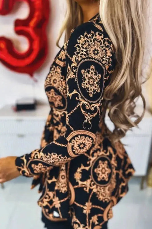 Baroque Print Mini Dress with Notched Collar