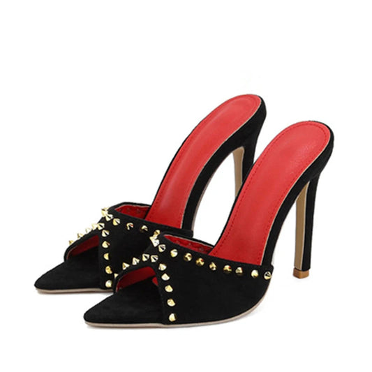 Metal Rivet Designer High Heels Women Slippers for Summer Fashion