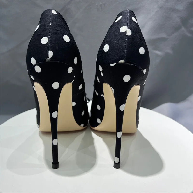 Black Satin Stiletto High Heels with Polka Dot Design