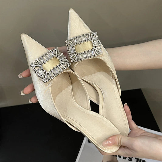 Crystal Buckle Pointed Toe Thin Heel Slippers for Women - Fashionable Casual Party Mules