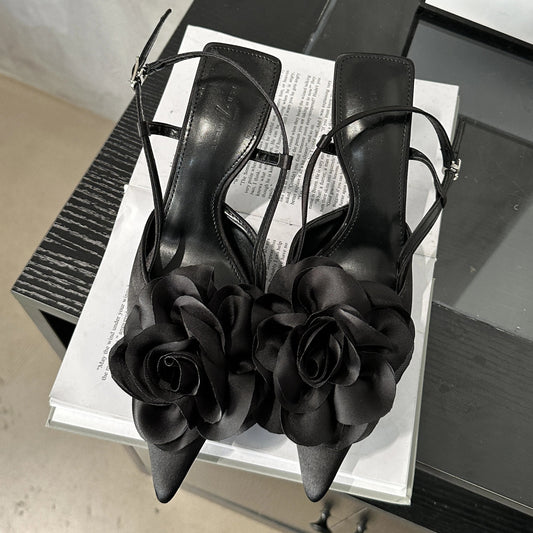 Flower Buckle Strap Pumps with Sexy Pointed Toe and Thin Heels for Women