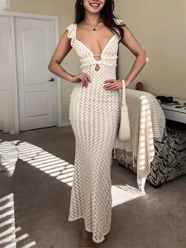 See Through High Waist Knitted Maxi Dress