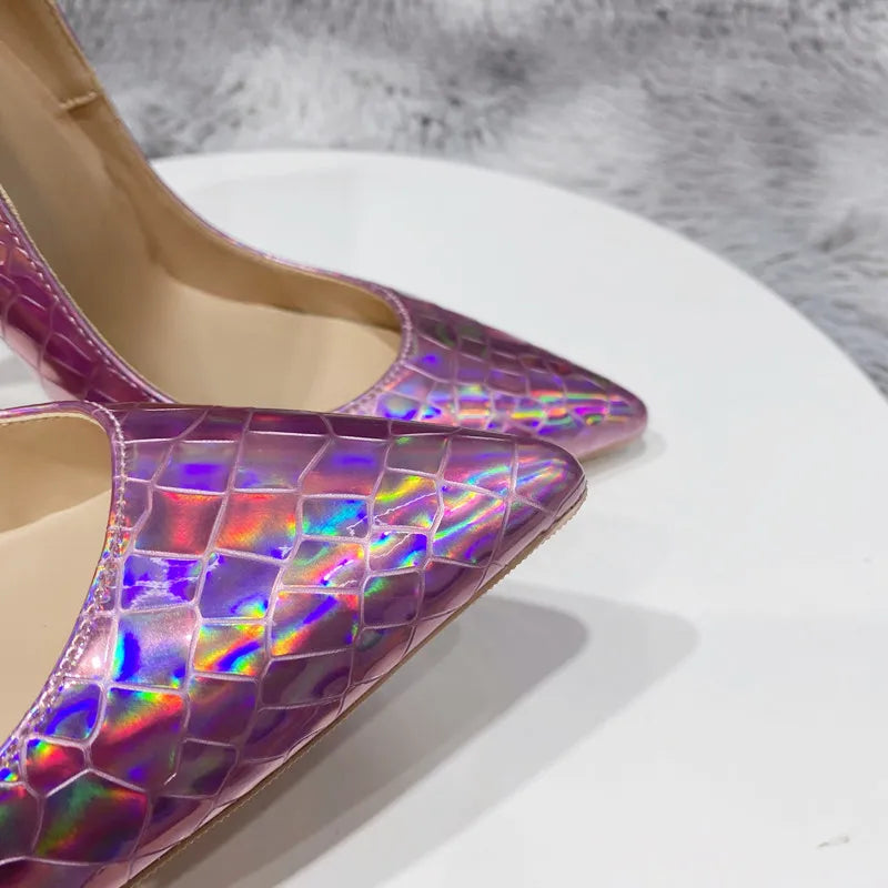 Pink Laser Shiny Crocodile Effect High Heel Shoes for Women