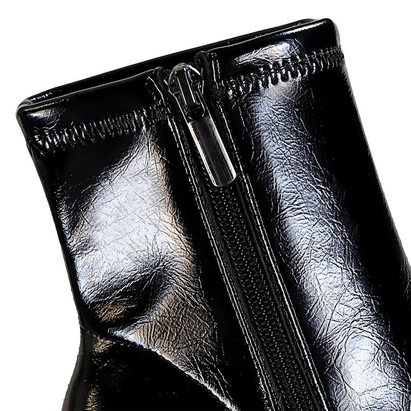 Leather High Heel Boots with Side Zipper and Warm Plush Lining for Winter