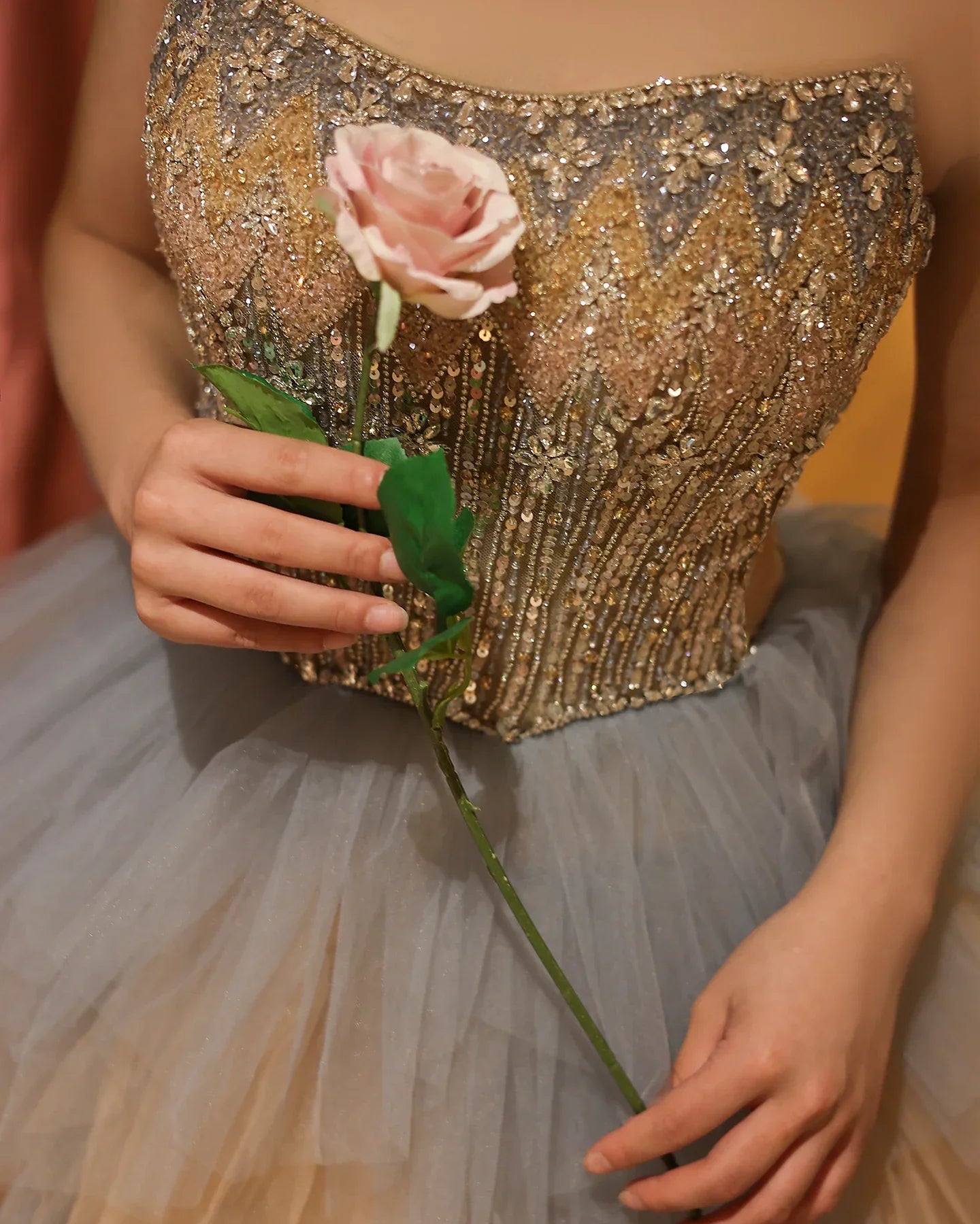 Rose Gold Ruffles Princess Ball Gown Evening Dress