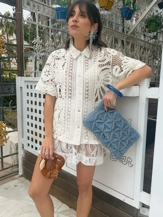 Elegant Lace Hollow Out Shorts Suit For Women Fashion Casual Lapel Short Sleeves Shirt Set 2024 Summer Lady Vacation Chic Outfit