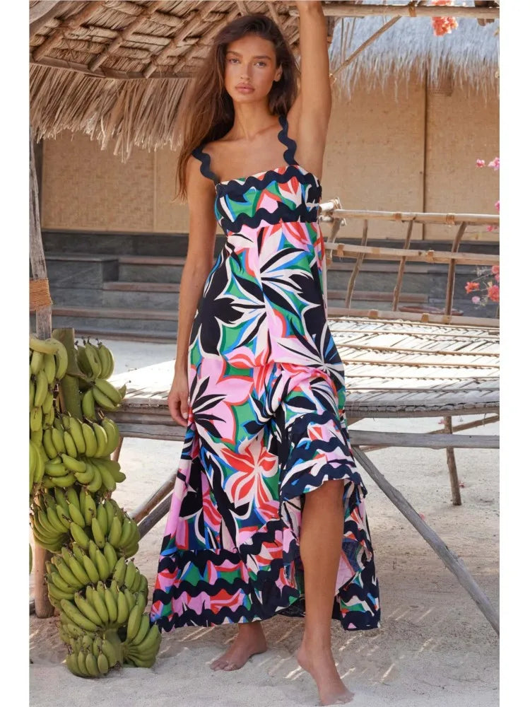 Large Floral Print Ric-Rac Trim Square Neck Wide Strap Maxi Dress