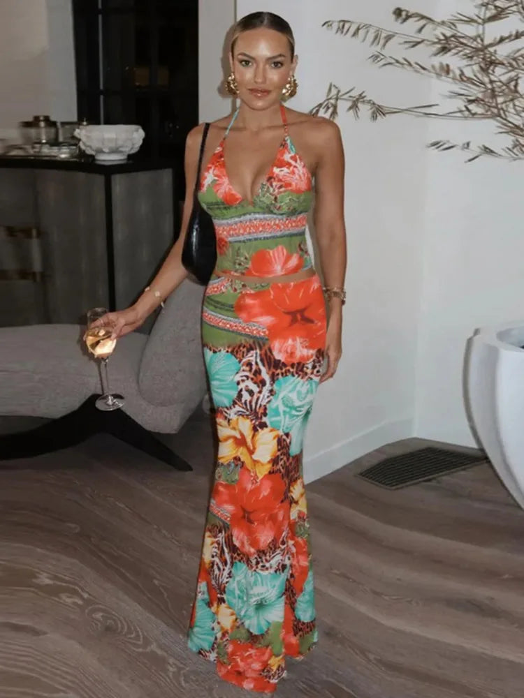 Leopard Print Lace-up Halter Crop Top Two Piece Vacation Dress