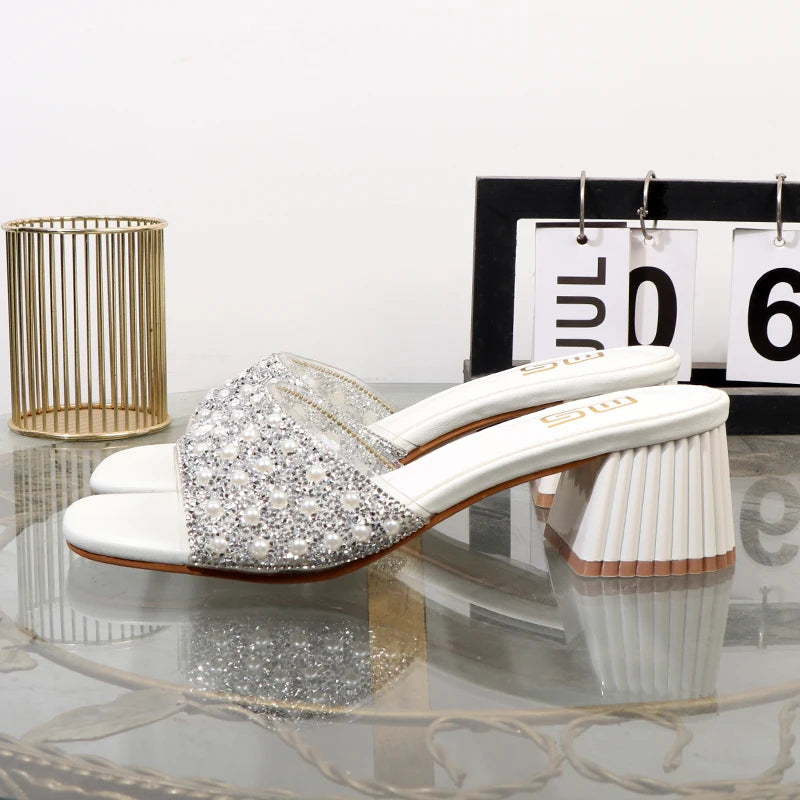 Rhinestone Slippers - Summer Fashion with Thick High Heel for Women