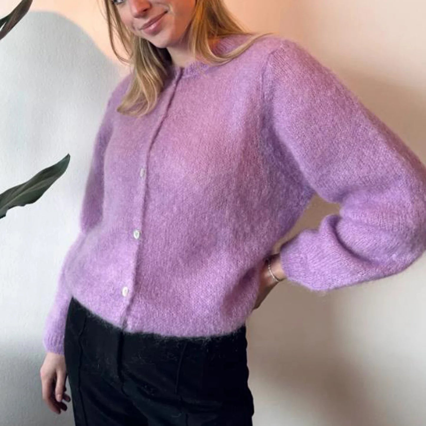 Puffy Open Front Button Knit Cardigan