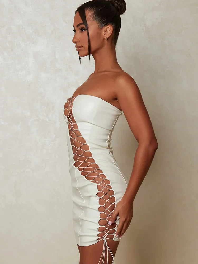 PU Leather Strapless Sleeveless Bodycon Dress