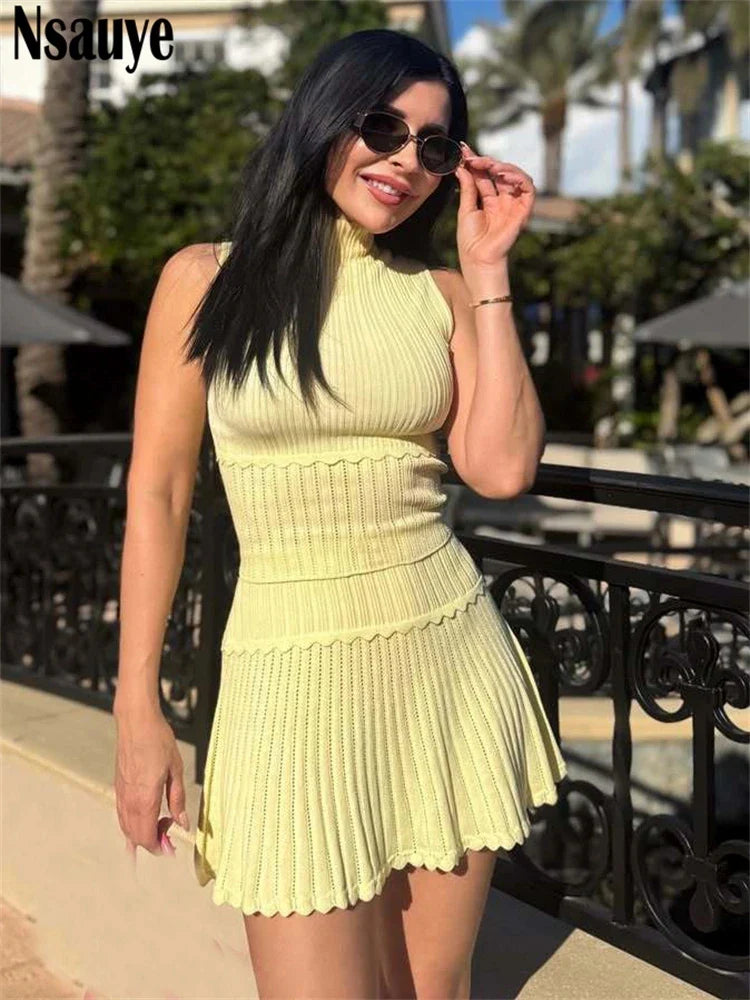 Knitted Pleated Wrap Skirt Two Piece Set