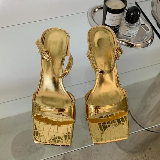Gold Silver Women Slipper with Square Toe Low Heels Sandal