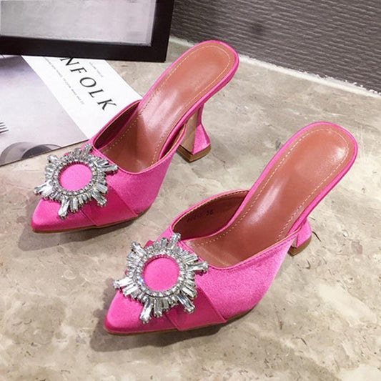 Red Silk Satin Pointed Toe Pumps with Rhinestone Crystal Wedding Slip On Strange Style Heel