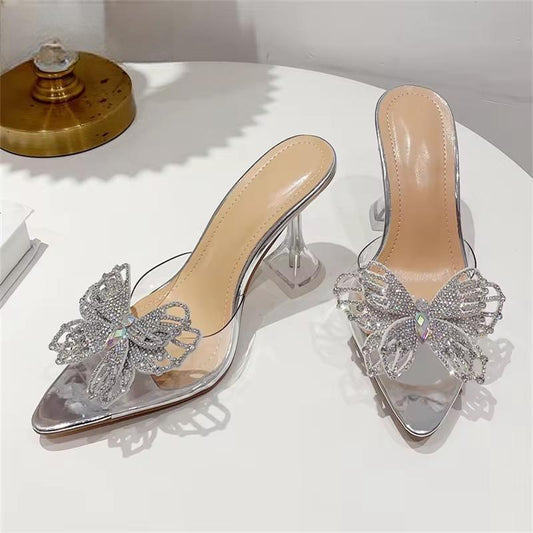 Crystal Bowknot Women Slippers with Sexy Pointed Toe and Strange Heels