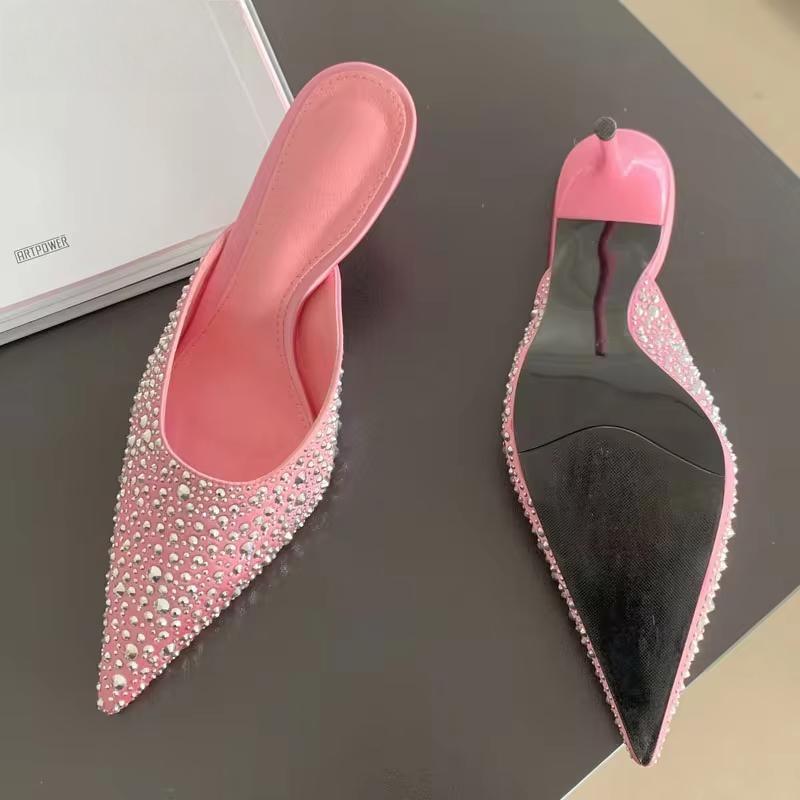 Sexy Party Prom Rivet Women Slippers with Pointed Toe and Thin High Heels