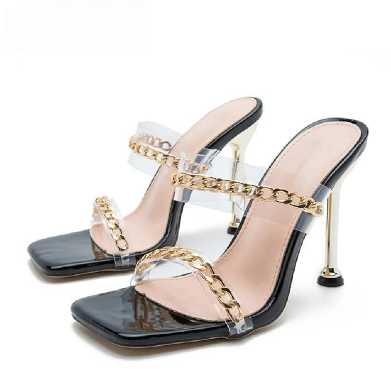 Clear PVC High Heel Slippers with Chain Design Square Toe Summer Fashion Slide