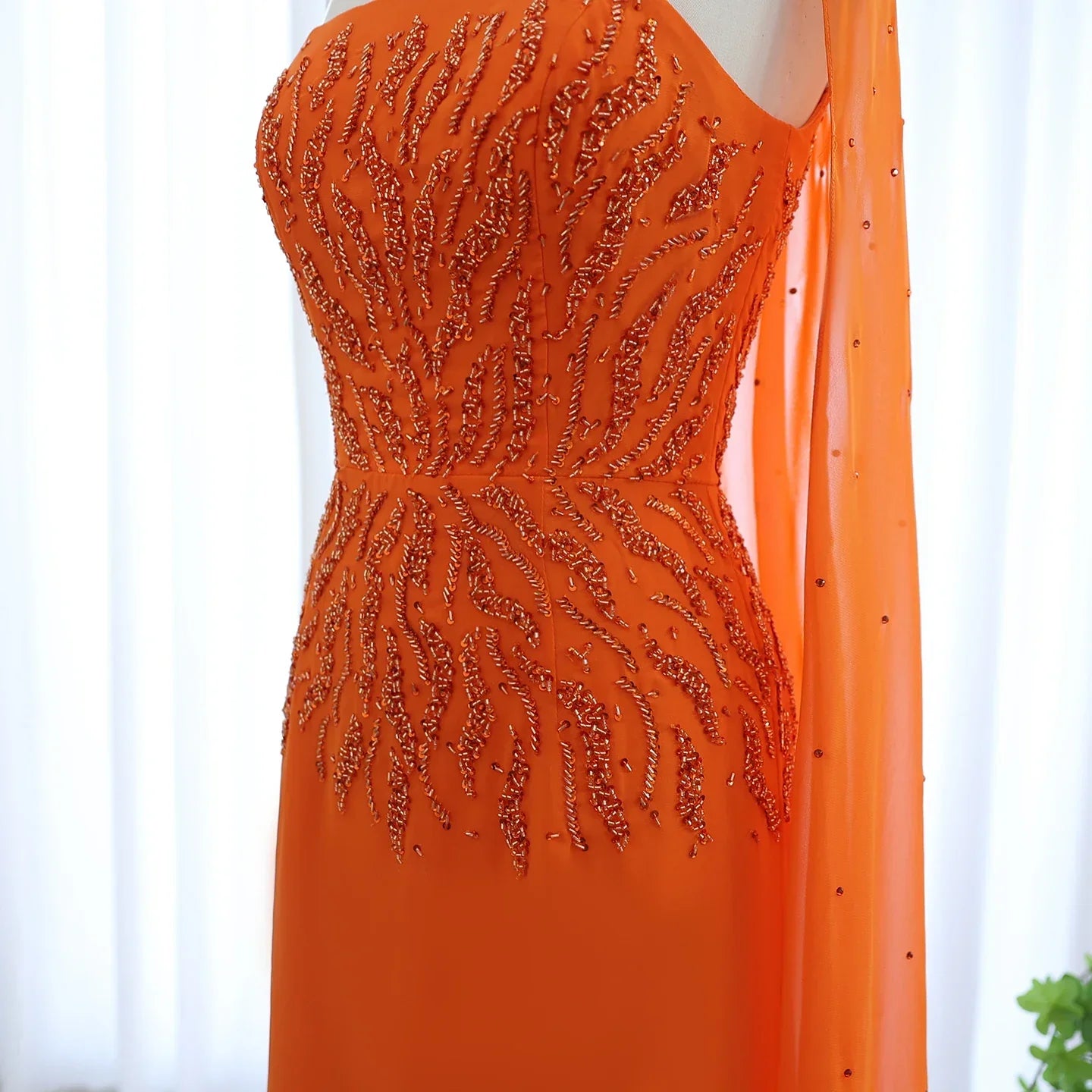 Orange Strapless Evening Dress with Cape Sleeve