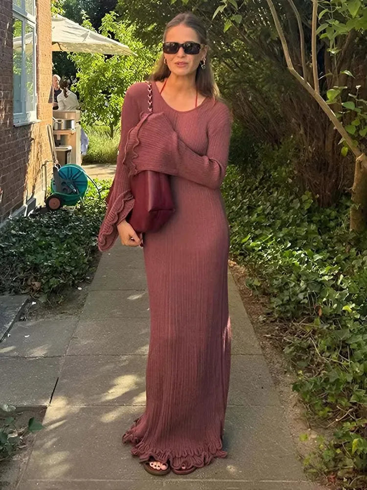 Pleated Wavy Knit Lace Maxi Dress
